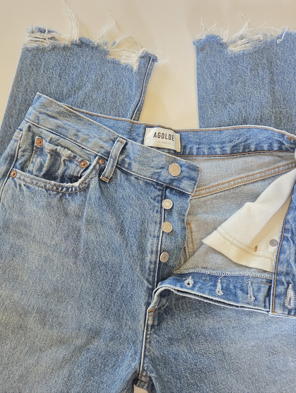 Agolde High Rise Button Fly Raw Hem Straight Crop Cotton Luxury Denim Jeans 28